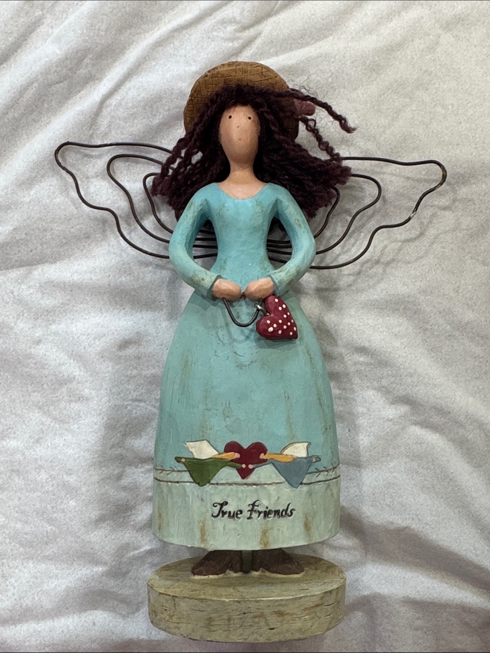 Handcrafted Angel Figurine in Aqua Blue Holding Red Heart